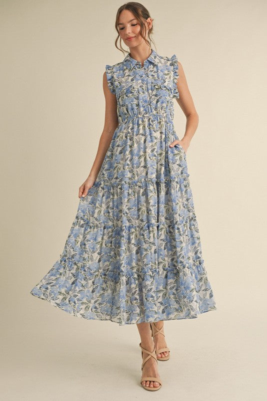 Blue Floral Print Chiffon Tiered Maxi Dress