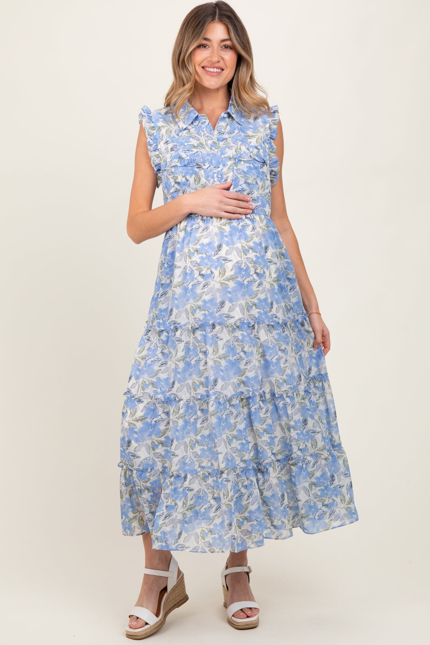Blue Floral Print Chiffon Tiered Maternity Maxi Dress