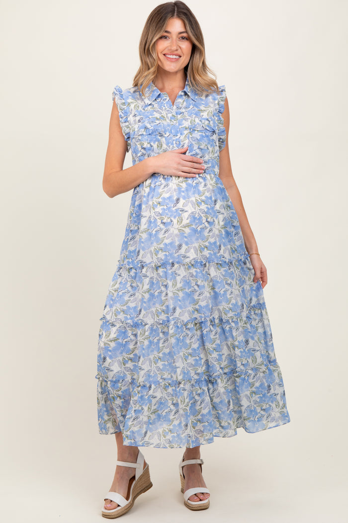Blue Floral Print Chiffon Tiered Maternity Maxi Dress