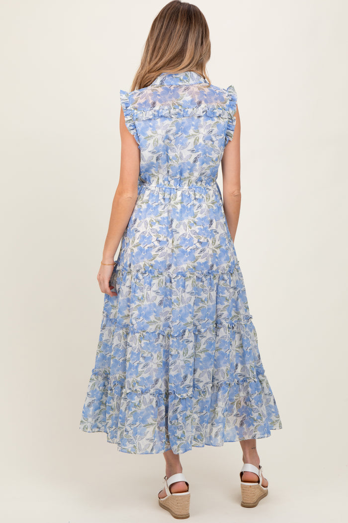 Blue Floral Print Chiffon Tiered Maternity Maxi Dress