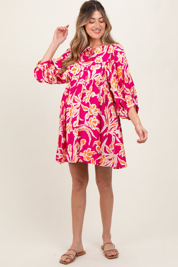 Fuchsia Print 3/4 Balloon Sleeve Maternity Dress