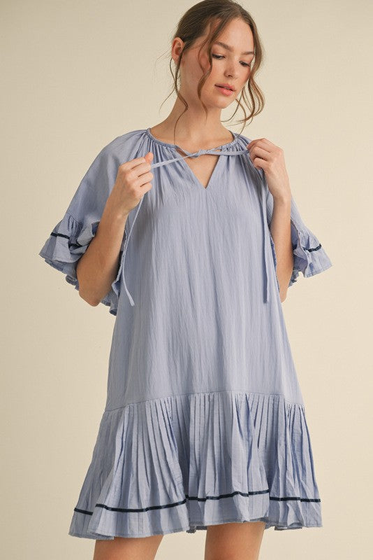 Light Blue Solid Short Sleeve Pocketed Dress