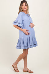 Light Blue Solid Short Sleeve Pocketed Maternity Dress