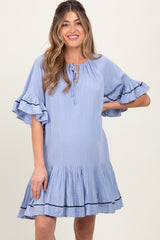 Light Blue Solid Short Sleeve Pocketed Maternity Dress