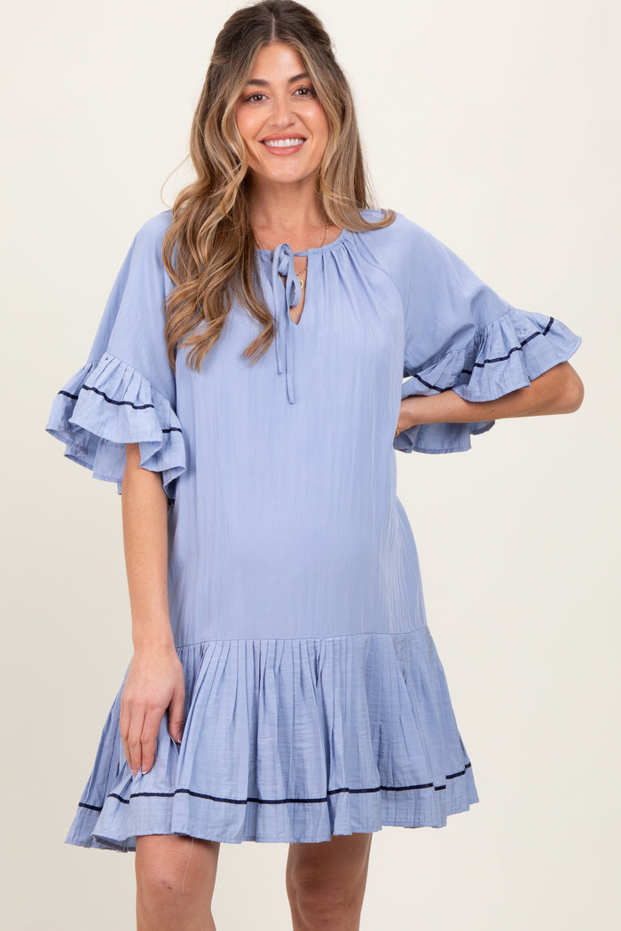 Light Blue Solid Short Sleeve Pocketed Maternity Dress