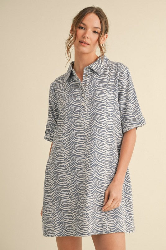 Blue Zebra Print Pocketed Maternity Mini Dress