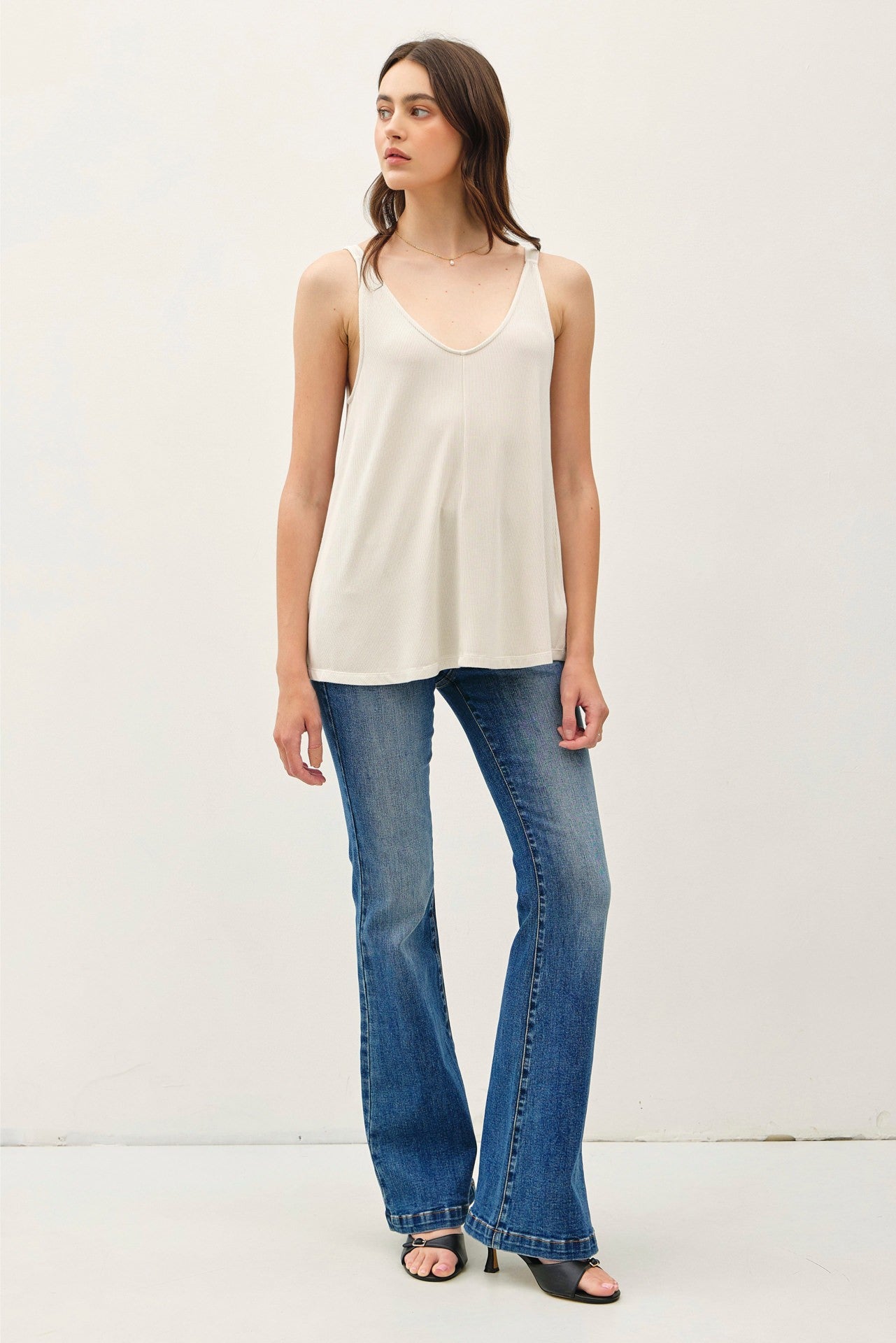 Cream Ribbed V-Neck Flowy Maternity Tank