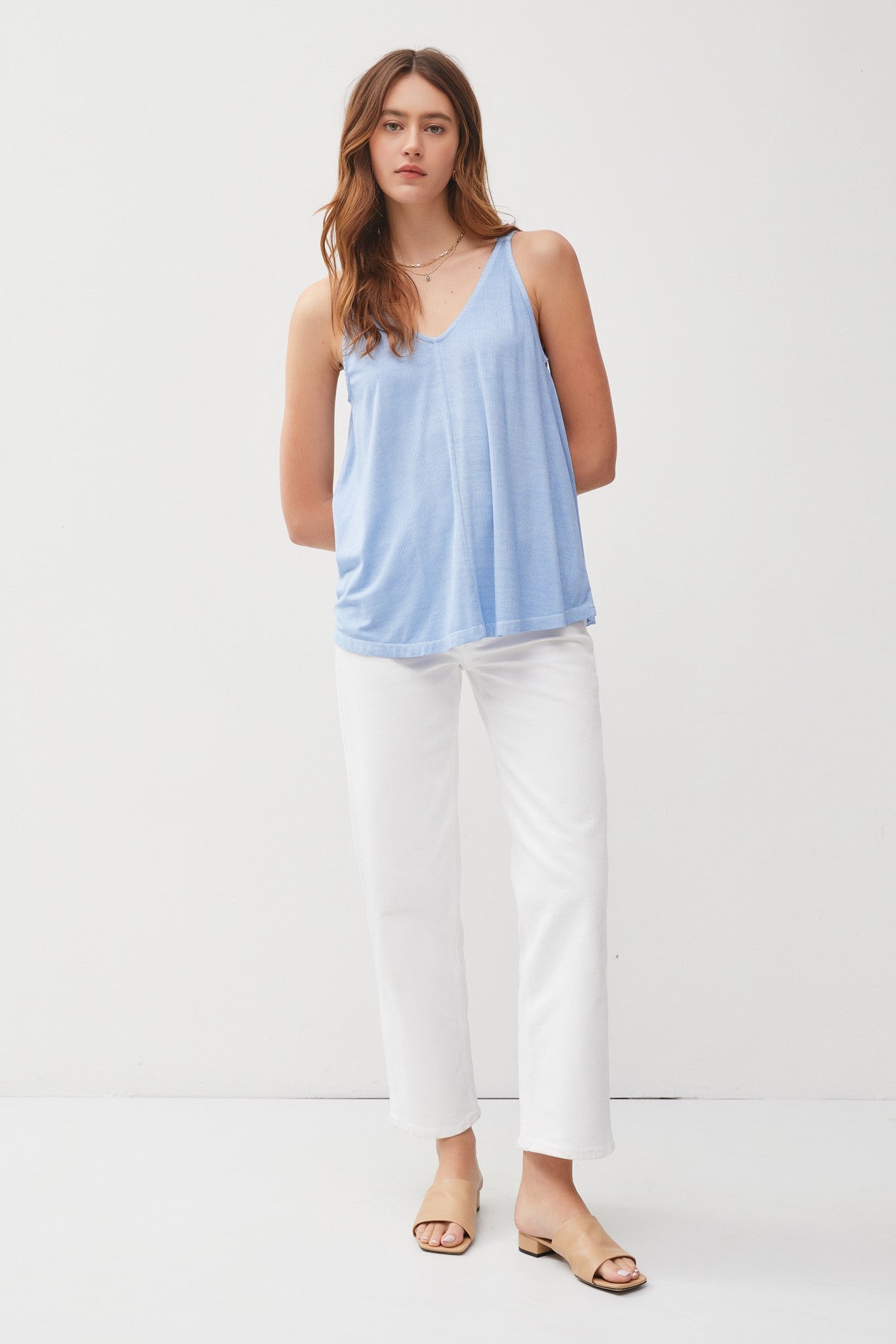 Light Blue Ribbed V-Neck Flowy Tank