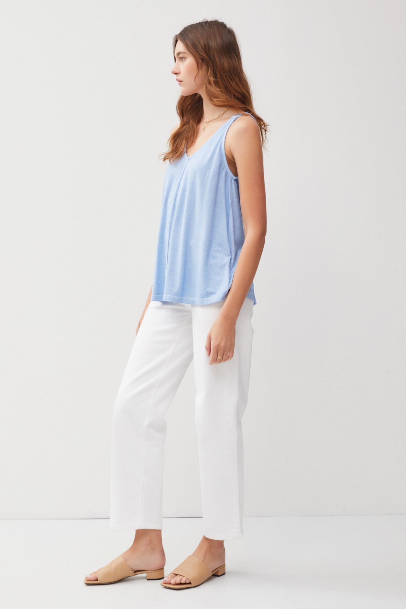 Light Blue Ribbed V-Neck Flowy Tank