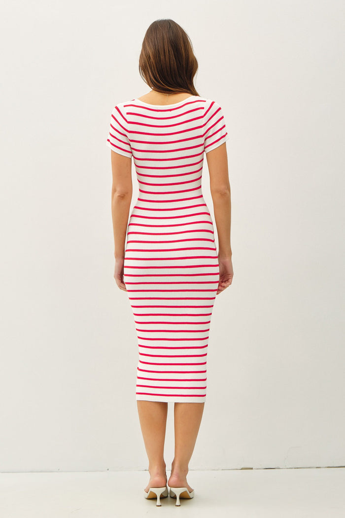 woman wearing a fitted red and white striped midi dress with short sleeves, shown from the back