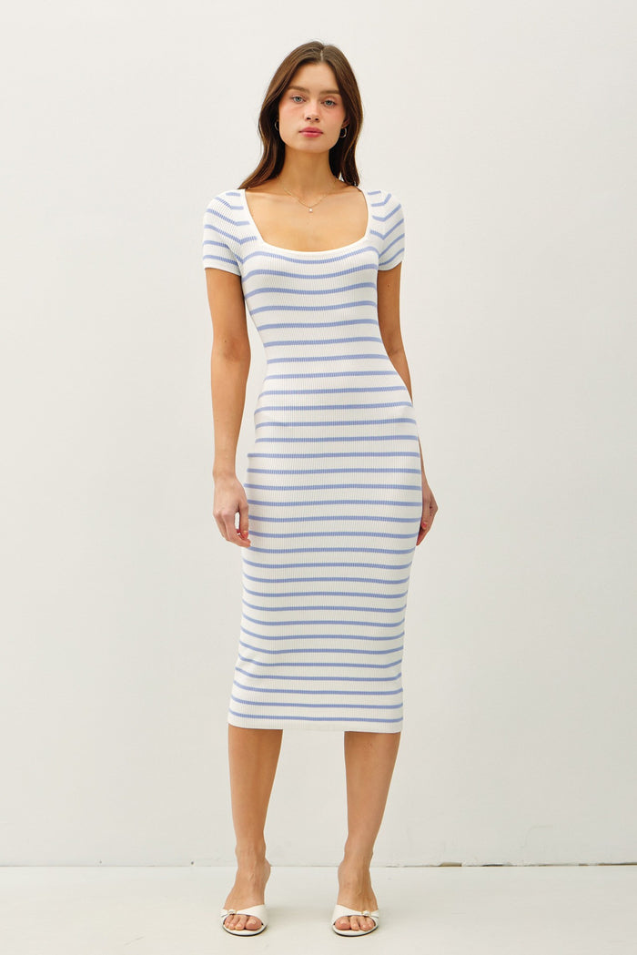 Blue Striped Square Neck Short Sleeve Midi Dress