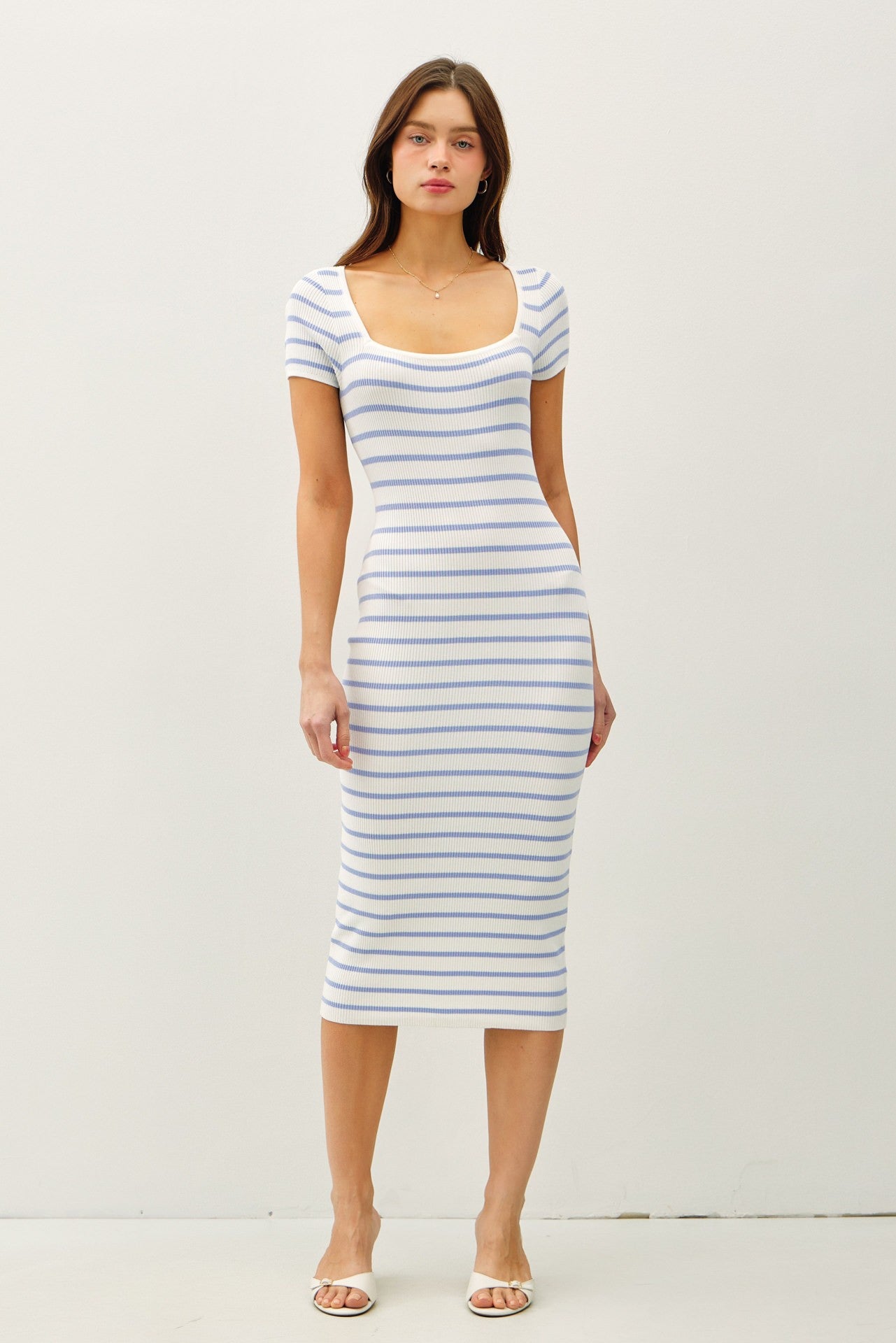 Blue Striped Square Neck Short Sleeve Maternity Midi Dress