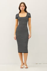 Black Striped Square Neck Short Sleeve Midi Dress