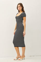 Black Striped Square Neck Short Sleeve Midi Dress