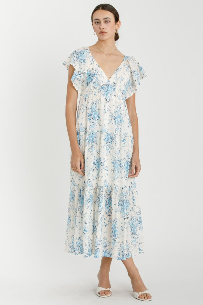Light Blue Floral Flutter Sleeve Tiered Maxi Dress