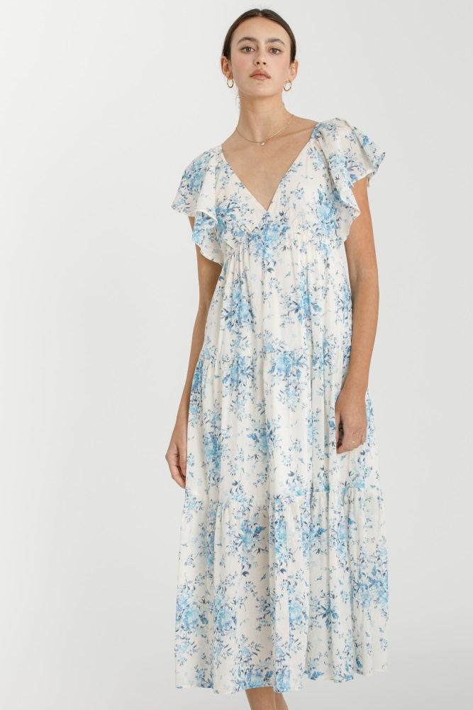 Light Blue Floral Flutter Sleeve Tiered Maxi Dress