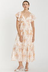 Peach Floral Flutter Sleeve Tiered Maxi Dress