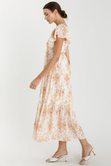 Peach Floral Flutter Sleeve Tiered Maxi Dress
