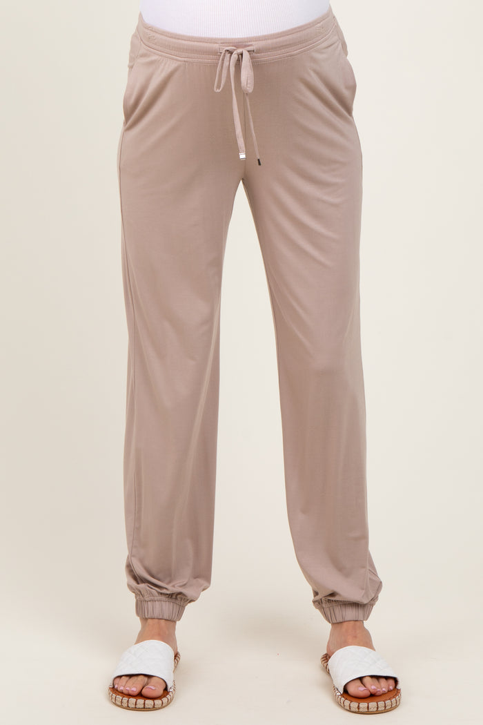 Beige Drawstring Maternity Jogger Pants