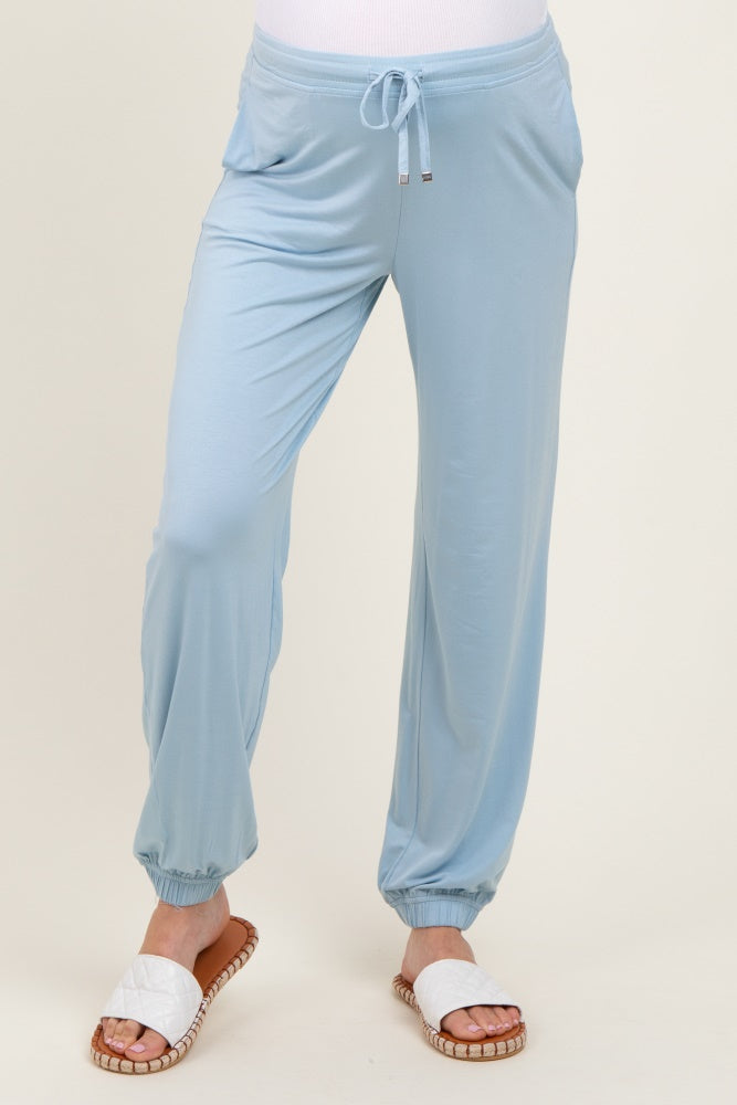 Light Blue Drawstring Maternity Jogger Pants