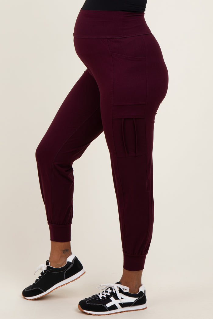 Burgundy Cargo Pocket Maternity Jogger Pants
