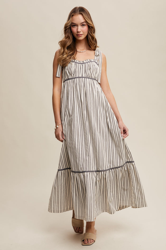 Charcoal Striped Bow-Tie Maternity Maxi Dress