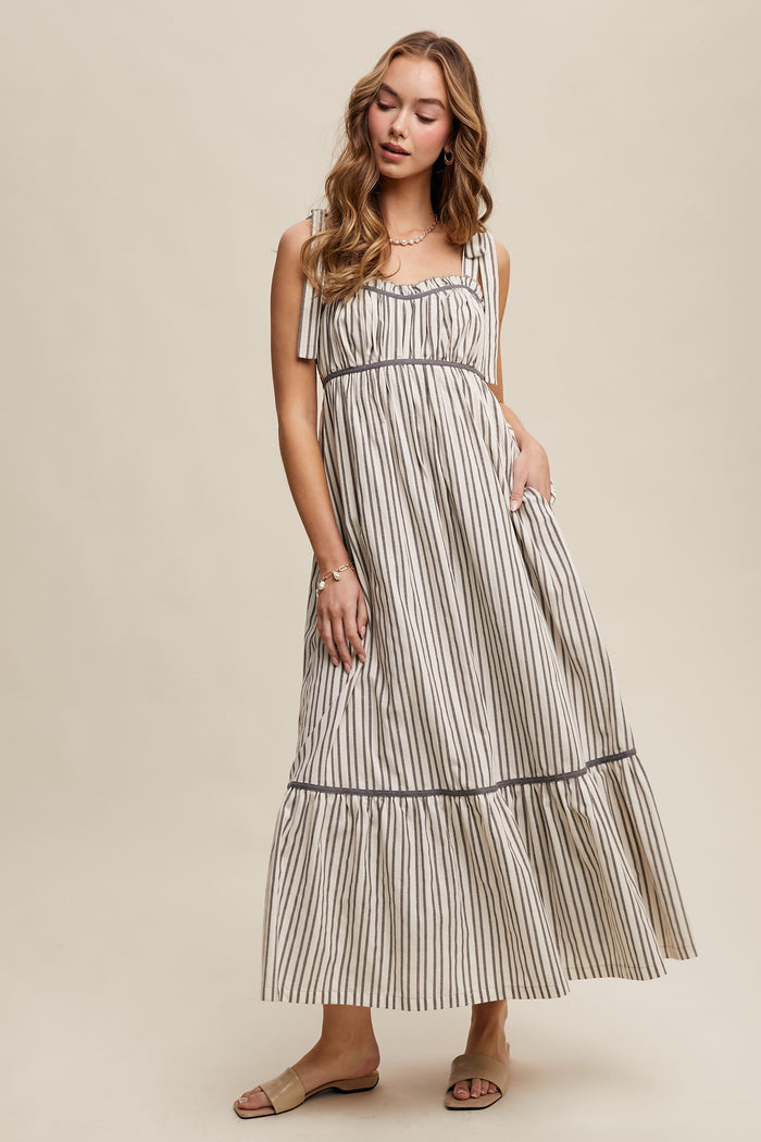 Charcoal Striped Bow-Tie Maxi Dress