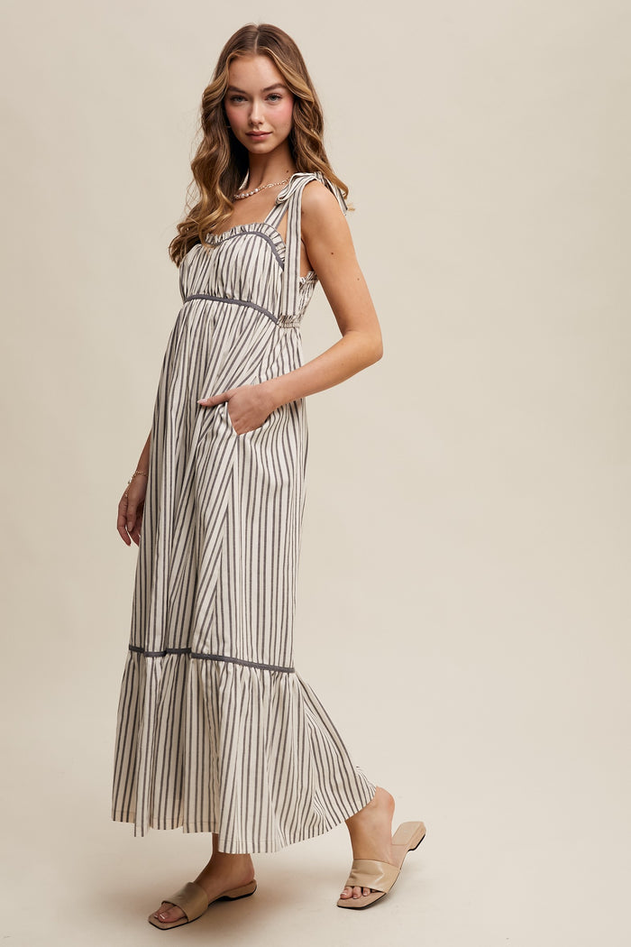 Charcoal Striped Bow-Tie Maxi Dress