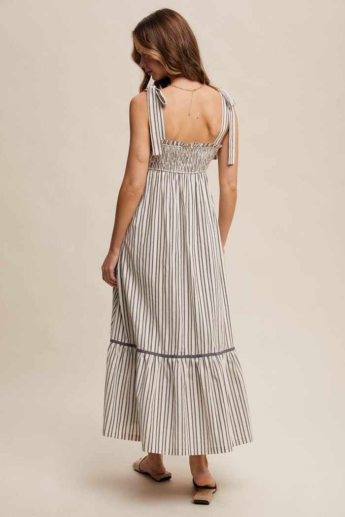 Charcoal Striped Bow-Tie Maxi Dress