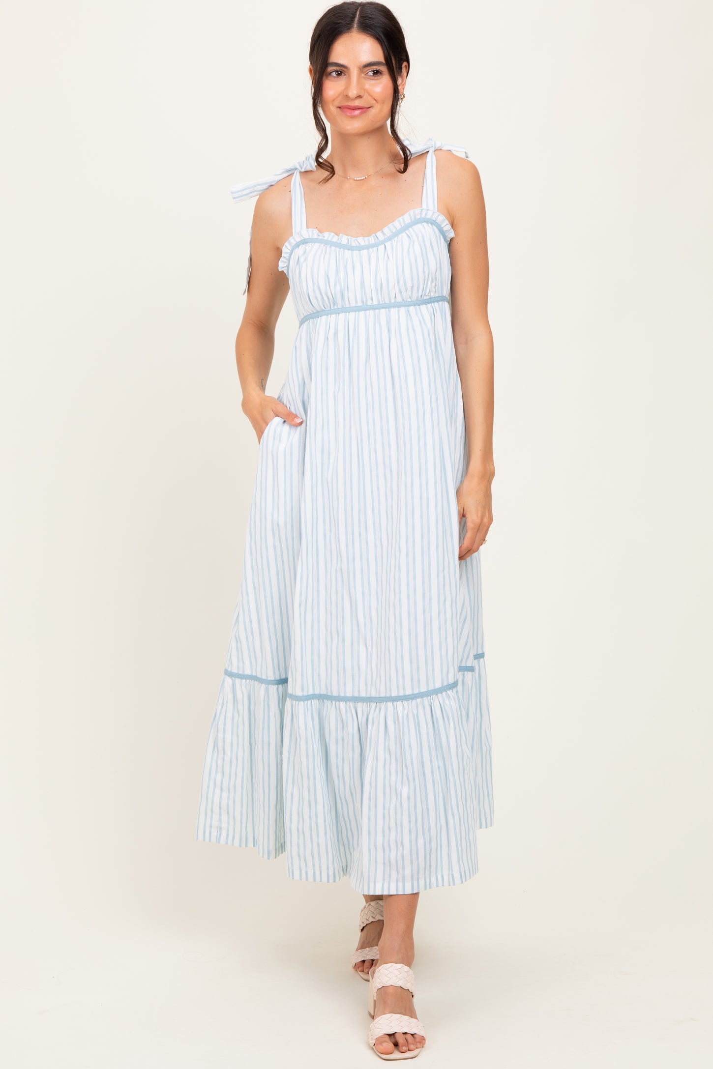 Ivory Striped Bow-Tie Maternity Maxi Dress
