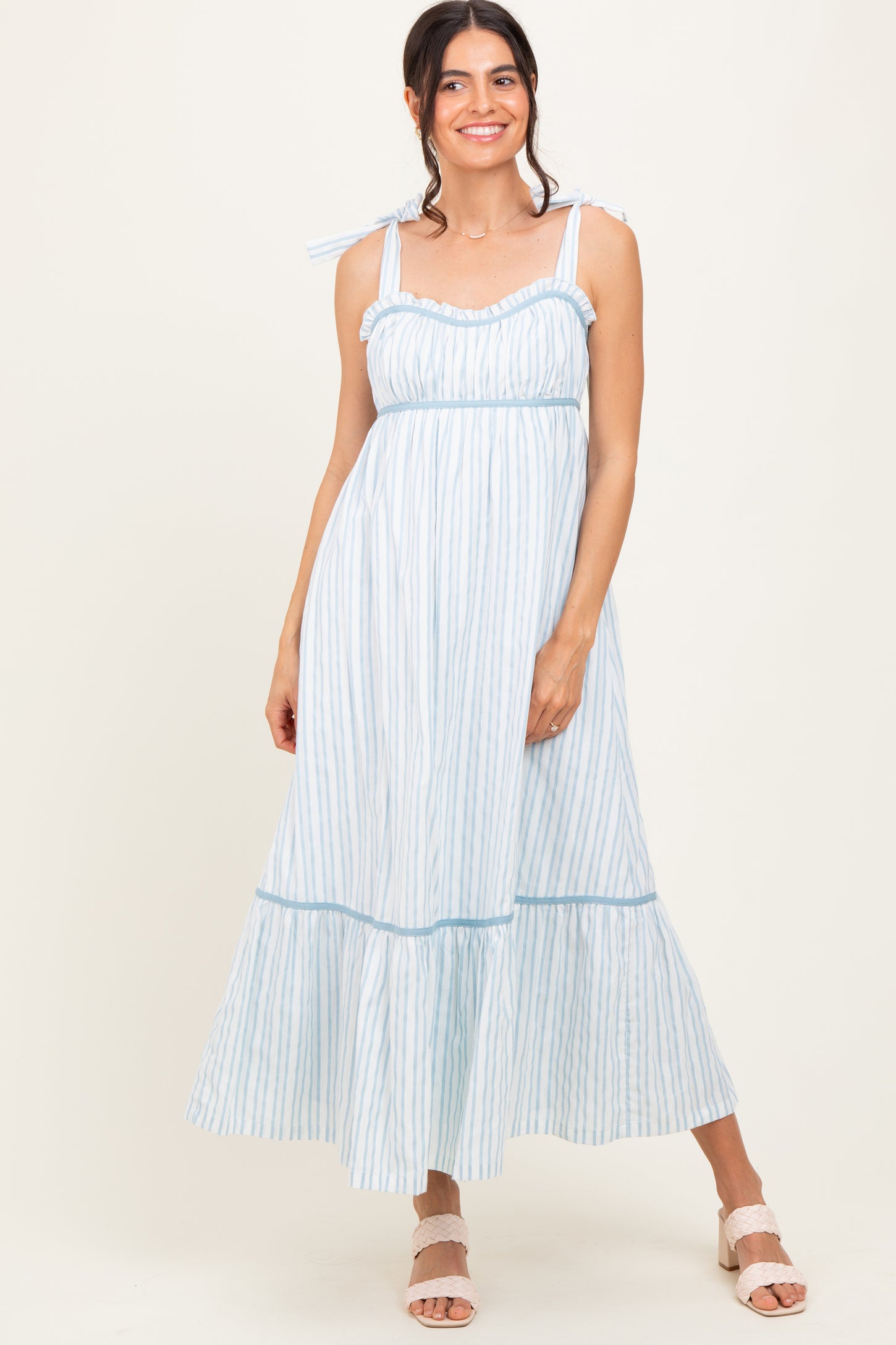 Ivory Striped Bow-Tie Maxi Dress