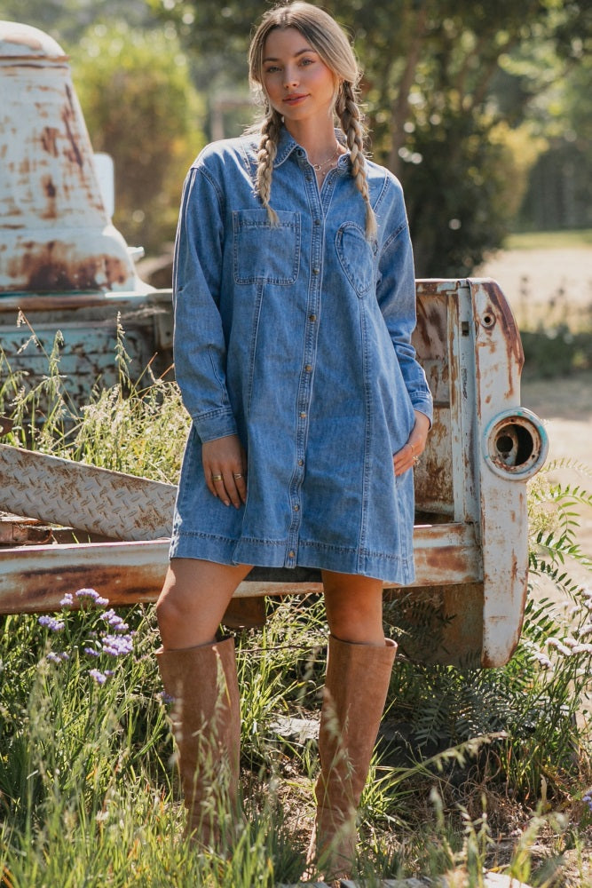 Blue Denim Heart-Pocket Maternity Shirt Dress