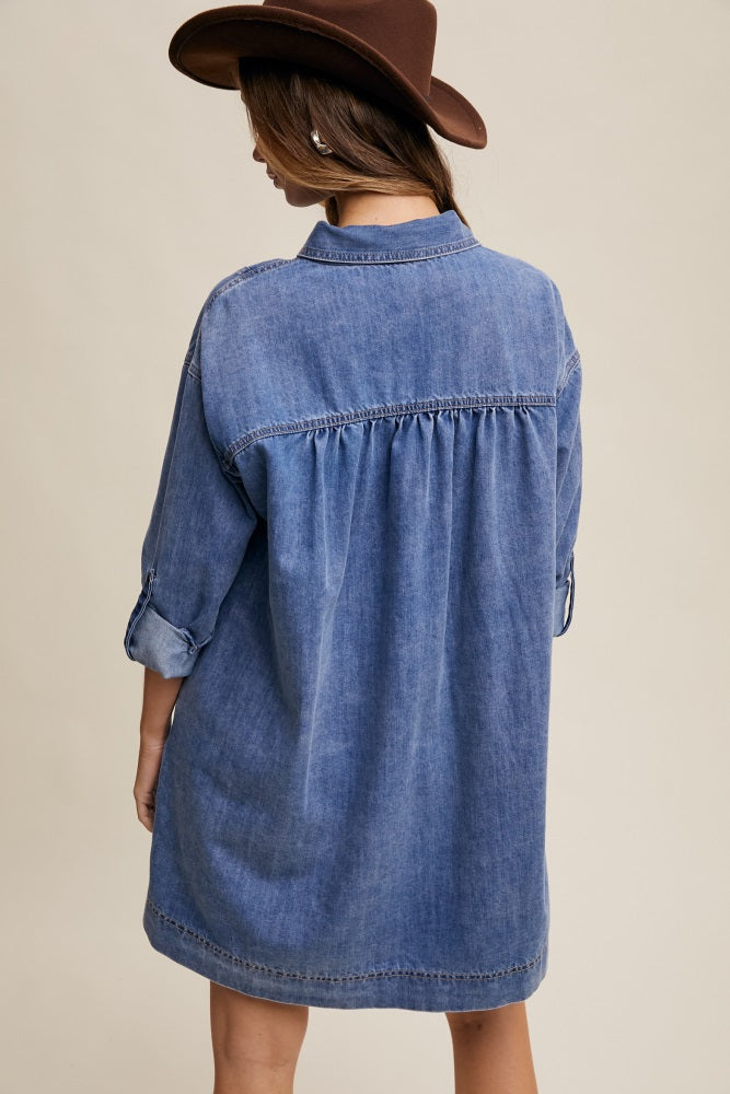 Blue Denim Heart-Pocket Shirt Dress