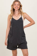 Black Solid Ribbed V-Neck Sleeveless Front Pocket Romper