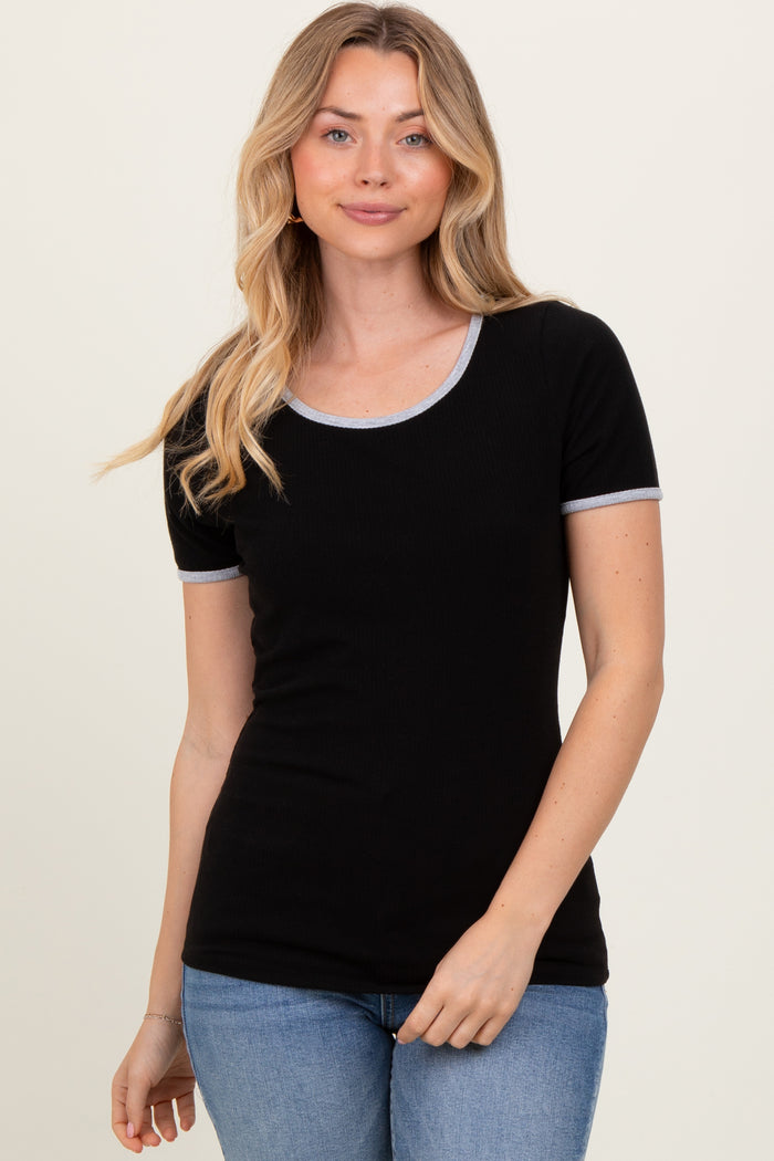 Black Solid Ribbed Short Sleeve Basic Maternity Top