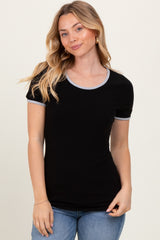 Black Solid Ribbed Short Sleeve Basic Top