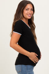 Black Solid Ribbed Short Sleeve Basic Maternity Top