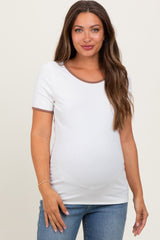 Ivory Solid Ribbed Short Sleeve Basic Maternity Top