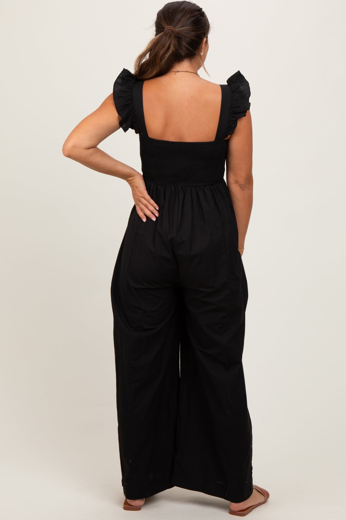 Black Ruffle Strap Smocked Wide Leg Maternity Jumpsuit