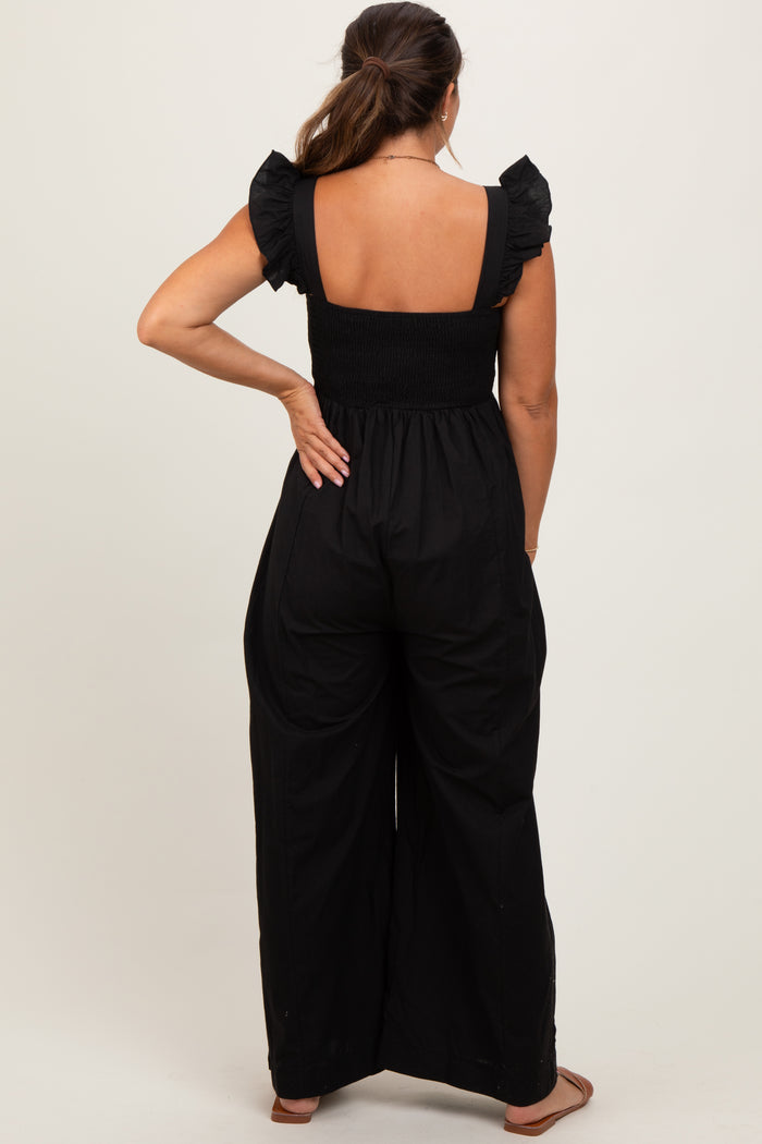 Black Ruffle Strap Smocked Wide Leg Maternity Jumpsuit