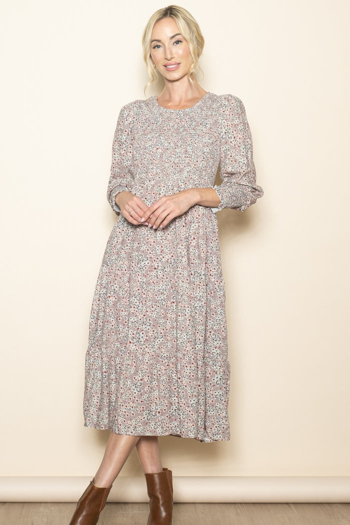 Taupe Floral Smocked Bubble Sleeve Midi Dress