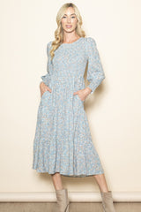 Light Blue Floral Smocked Bubble Sleeve Maternity Midi Dress