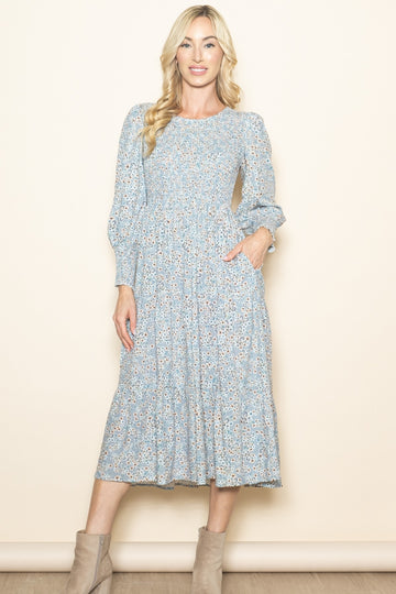 Light Blue Floral Smocked Bubble Sleeve Midi Dress