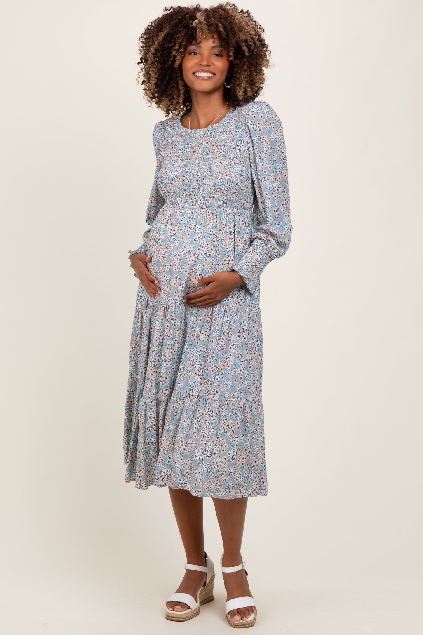 Light Blue Floral Smocked Bubble Sleeve Maternity Midi Dress