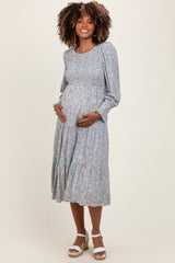 Light Blue Floral Smocked Bubble Sleeve Maternity Midi Dress