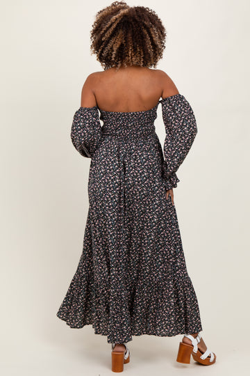 Black Floral Smocked Off Shoulder Maternity Maxi Dress