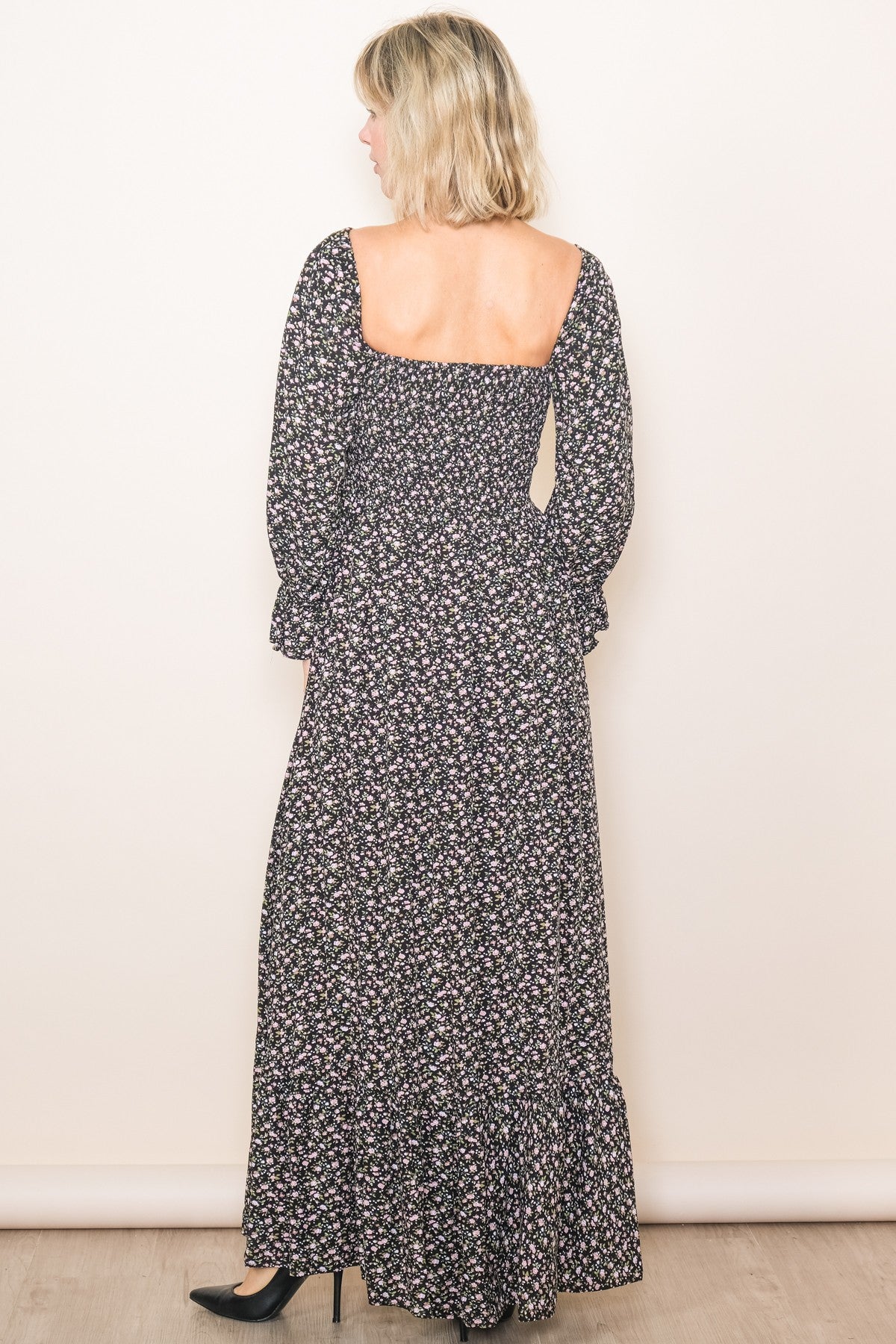 Black Floral Smocked Off Shoulder Maxi Dress