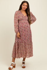 Burgundy Floral Smocked Waist Maternity Maxi Dress