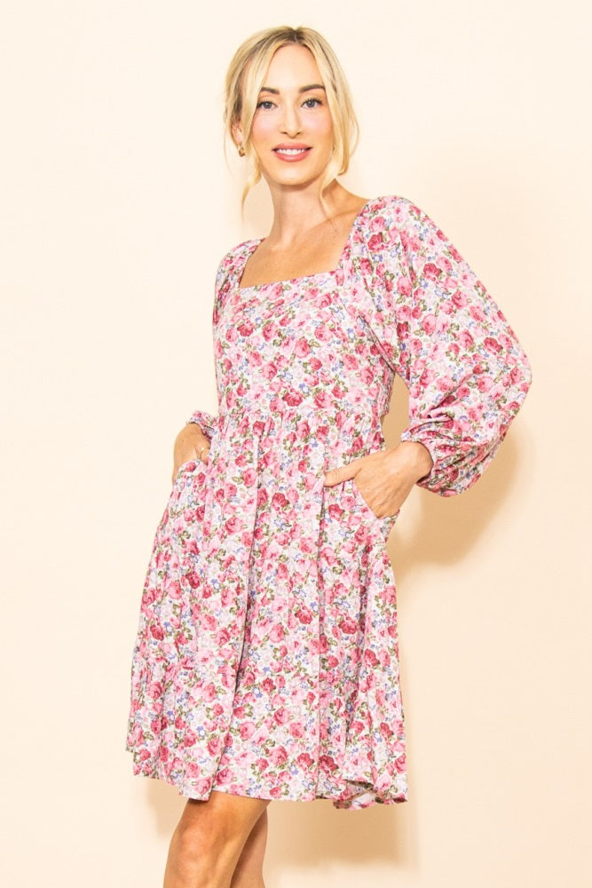 Pink Rose Print Long Sleeve Dress