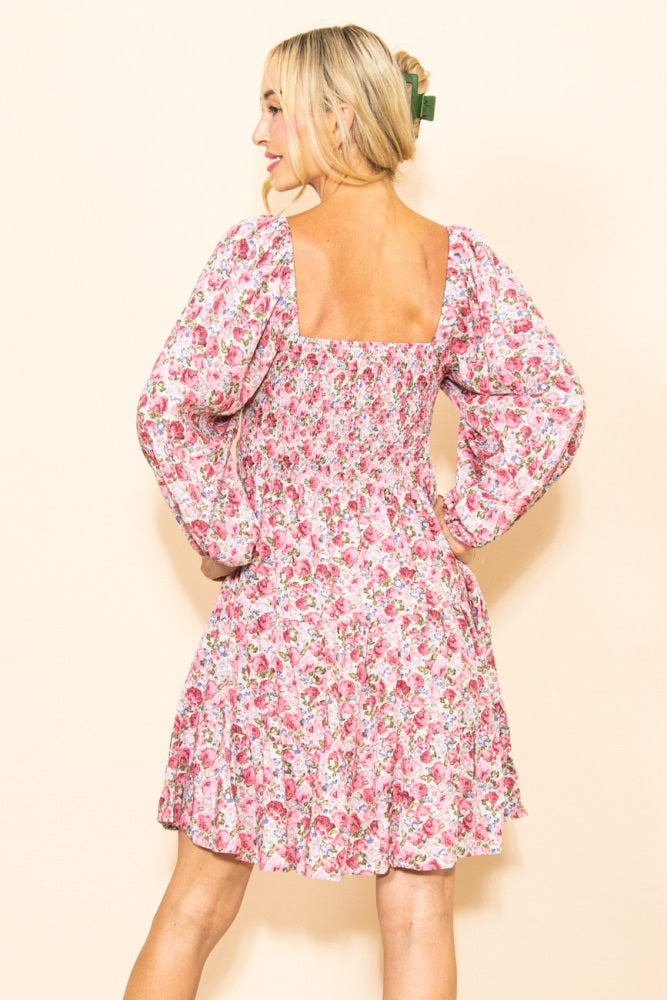 Pink Rose Print Long Sleeve Dress